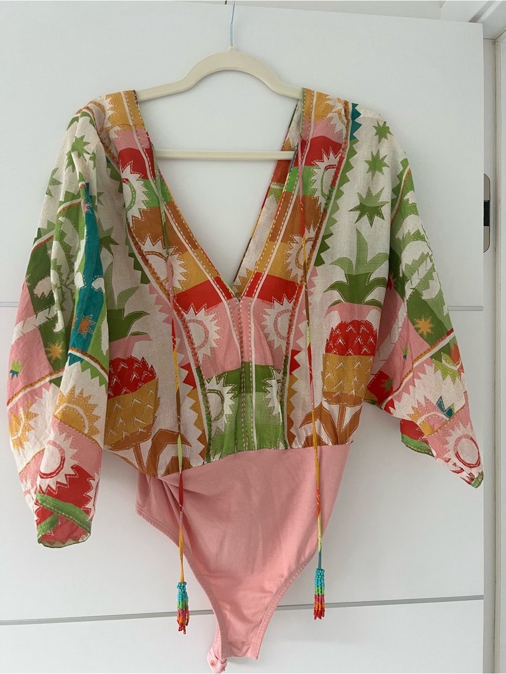 Farm Rio Printed V-Neck Balloon Sleeve Blouse in Multi Pink